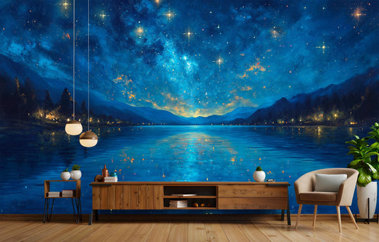 Starry Night Lake Art Wallpaper – peel and stick wallpaper mural, Golden Era Walls