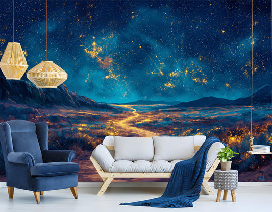 Starry Night Desert Path Wallpaper – lifestyle view, Golden Era Walls
