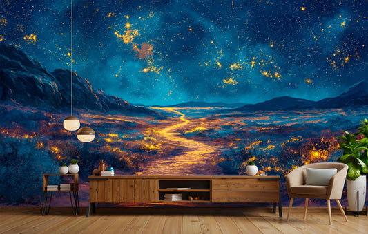 Starry Night Desert Path Wallpaper – peel and stick wallpaper mural, Golden Era Walls