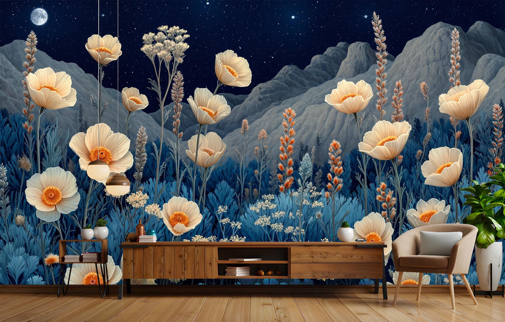 Starry Night Desert Flowers Floral Wallpaper – room setting, Golden Era Walls