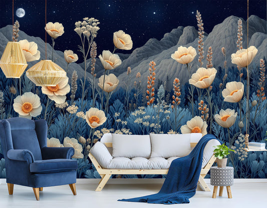Starry Night Desert Flowers Floral Wallpaper – lifestyle view, Golden Era Walls