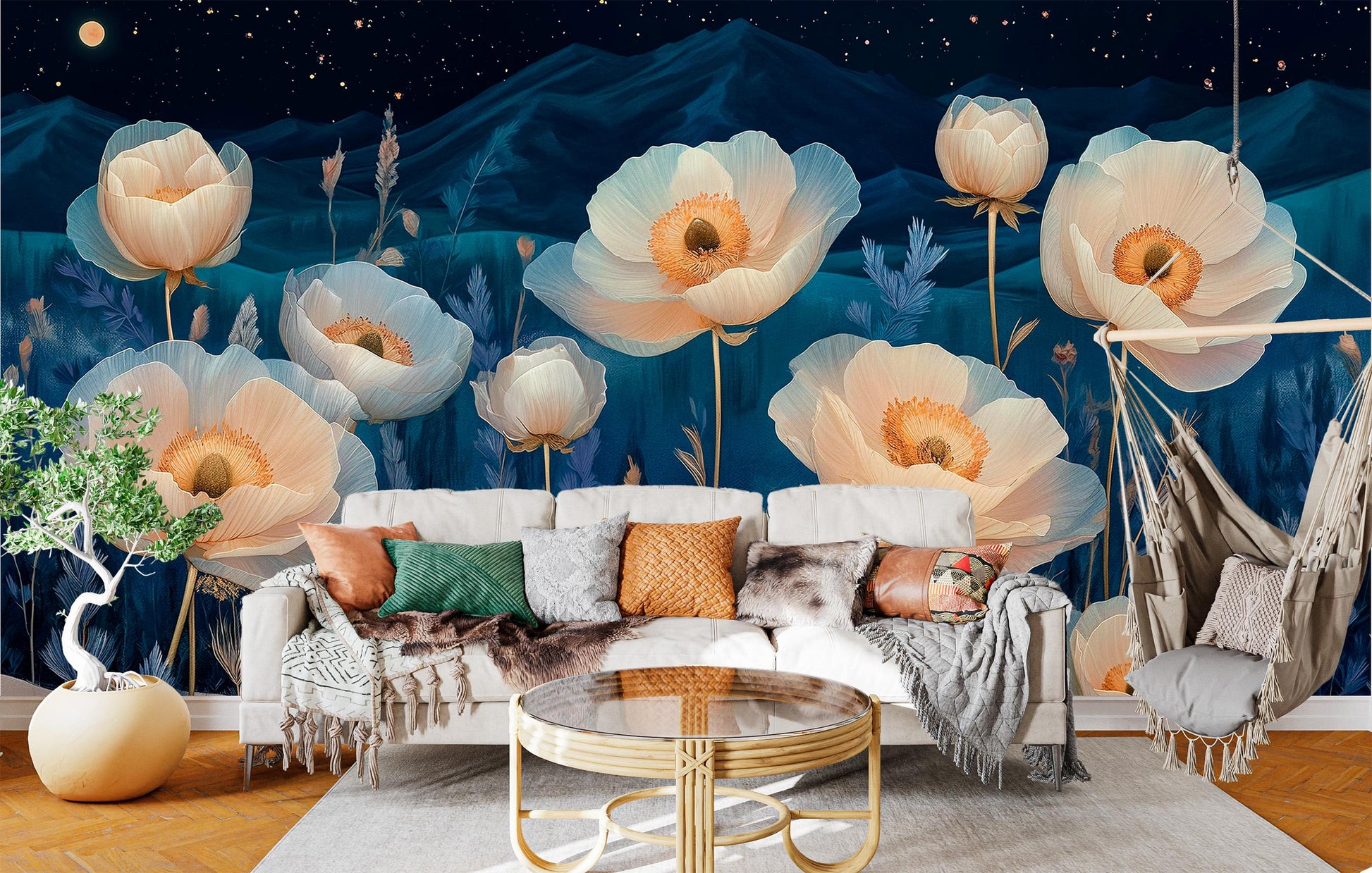Starry Night Desert Flowers Floral Wallpaper – peel and stick wallpaper mural, Golden Era Walls