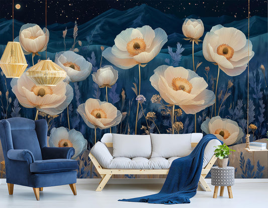Starry Night Desert Flowers Floral Wallpaper – room setting, Golden Era Walls