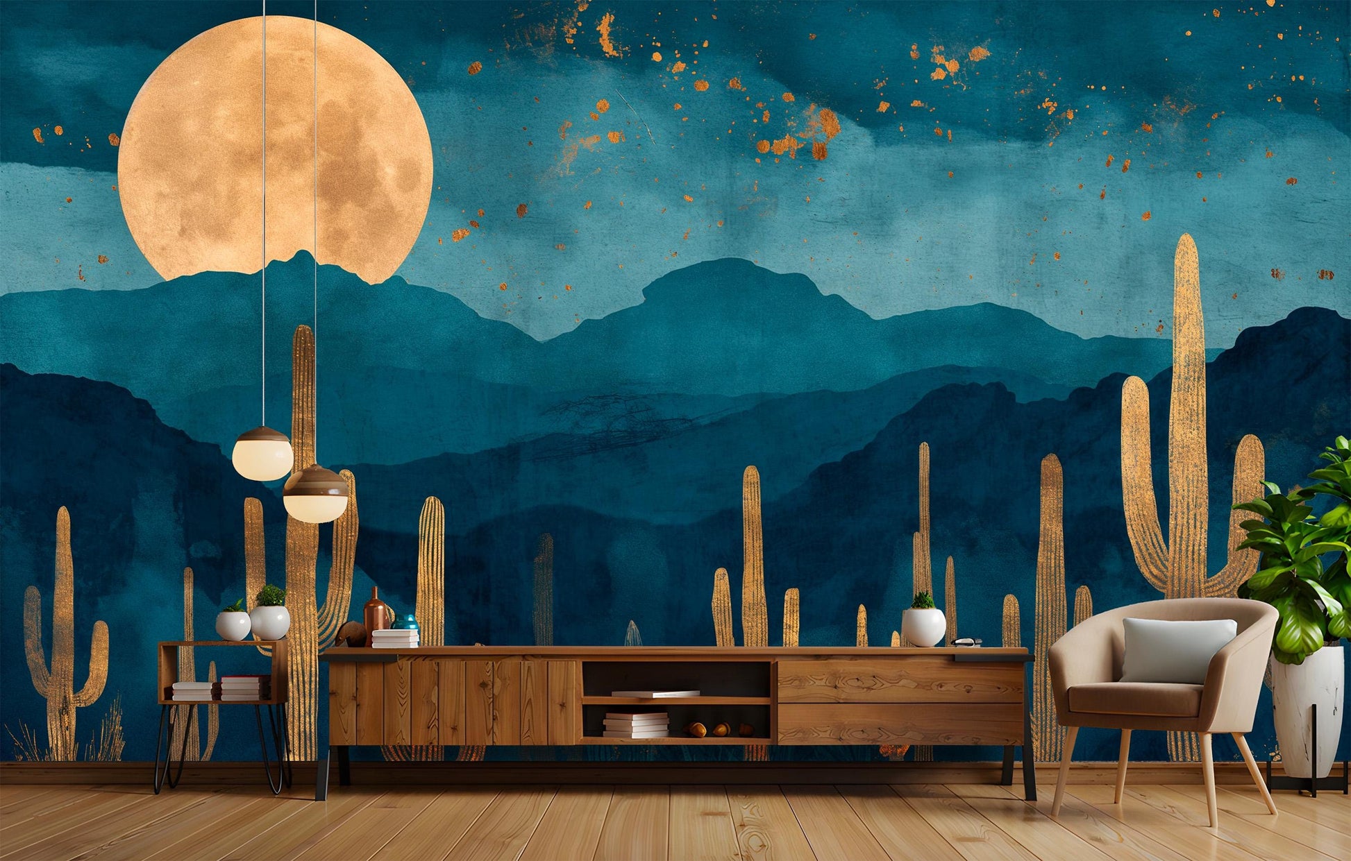 Starry Night Desert Cactus Wallpaper – room setting, Golden Era Walls