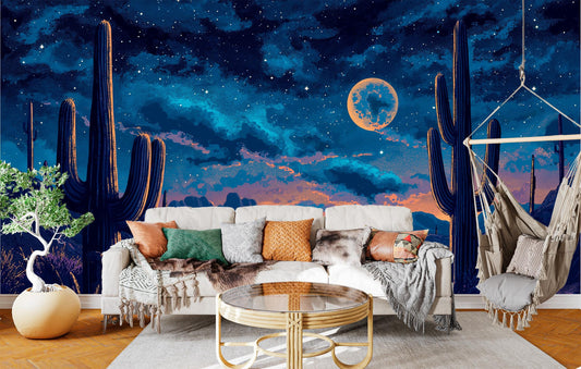 Southwestern Desert Night Saguaro Wallpaper – lifestyle view, Golden Era Walls