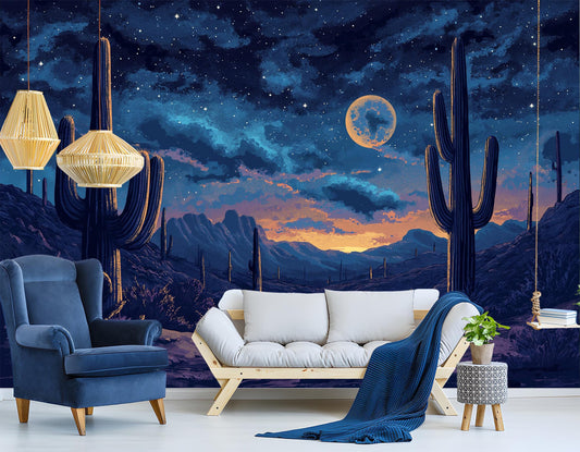 Southwestern Desert Night Saguaro Wallpaper – room setting, Golden Era Walls