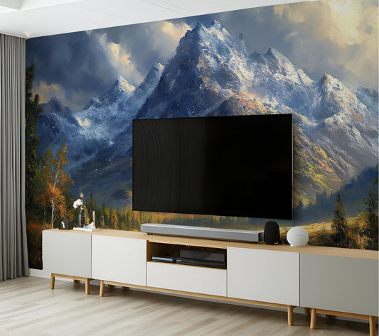 Snowy Mountain River Landscape Wallpaper – detail view, Golden Era Walls