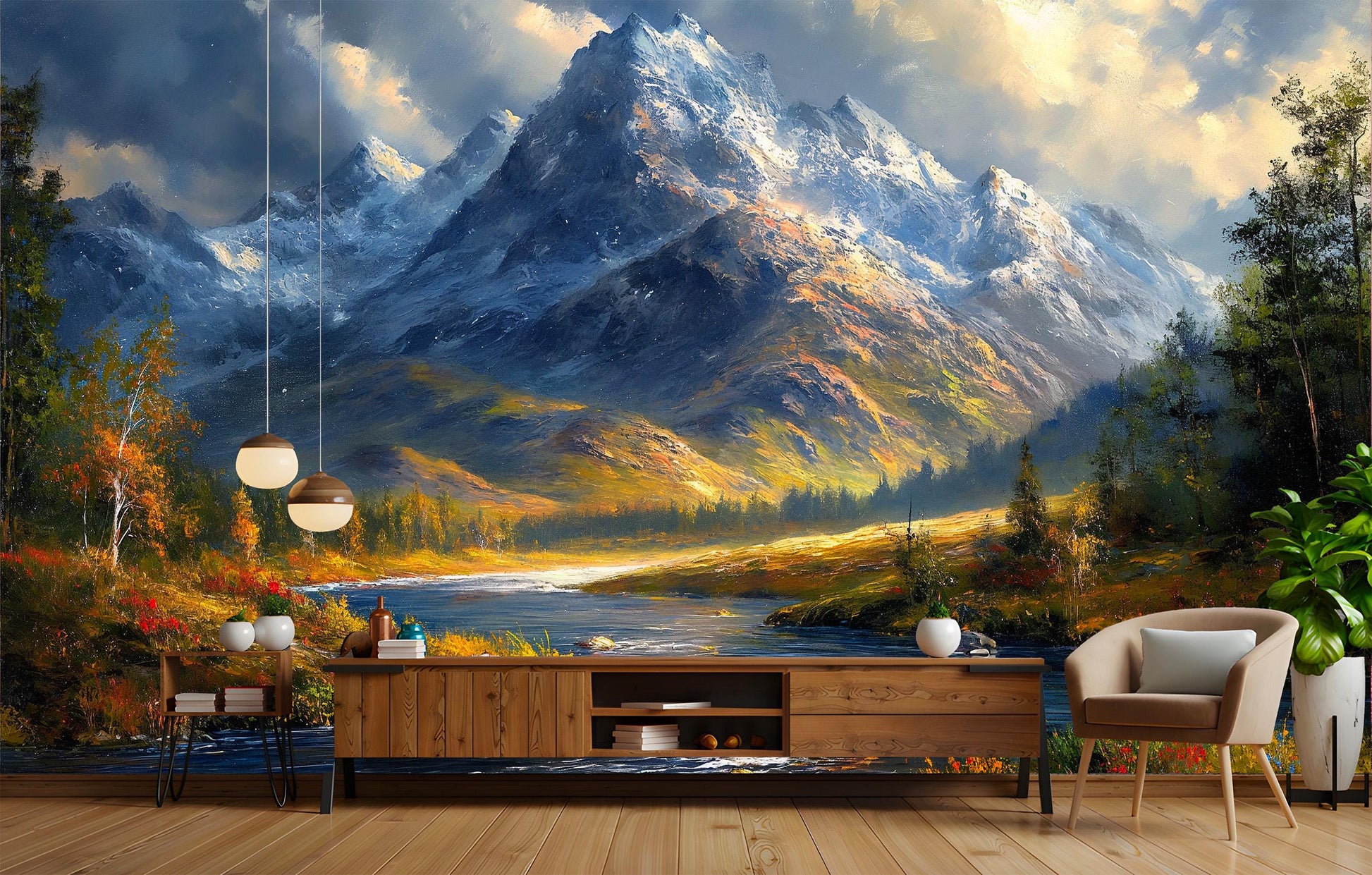 Snowy Mountain River Landscape Wallpaper – room setting, Golden Era Walls
