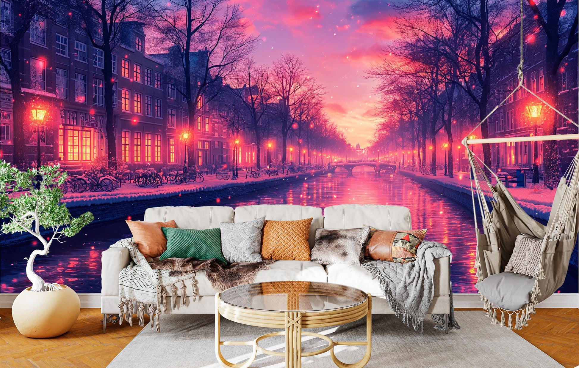 Snowy Canal Cityscape Winter Coastal Wallpaper – peel and stick wallpaper mural, Golden Era Walls