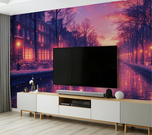 Snowy Canal Cityscape Winter Coastal Wallpaper – detail view, Golden Era Walls