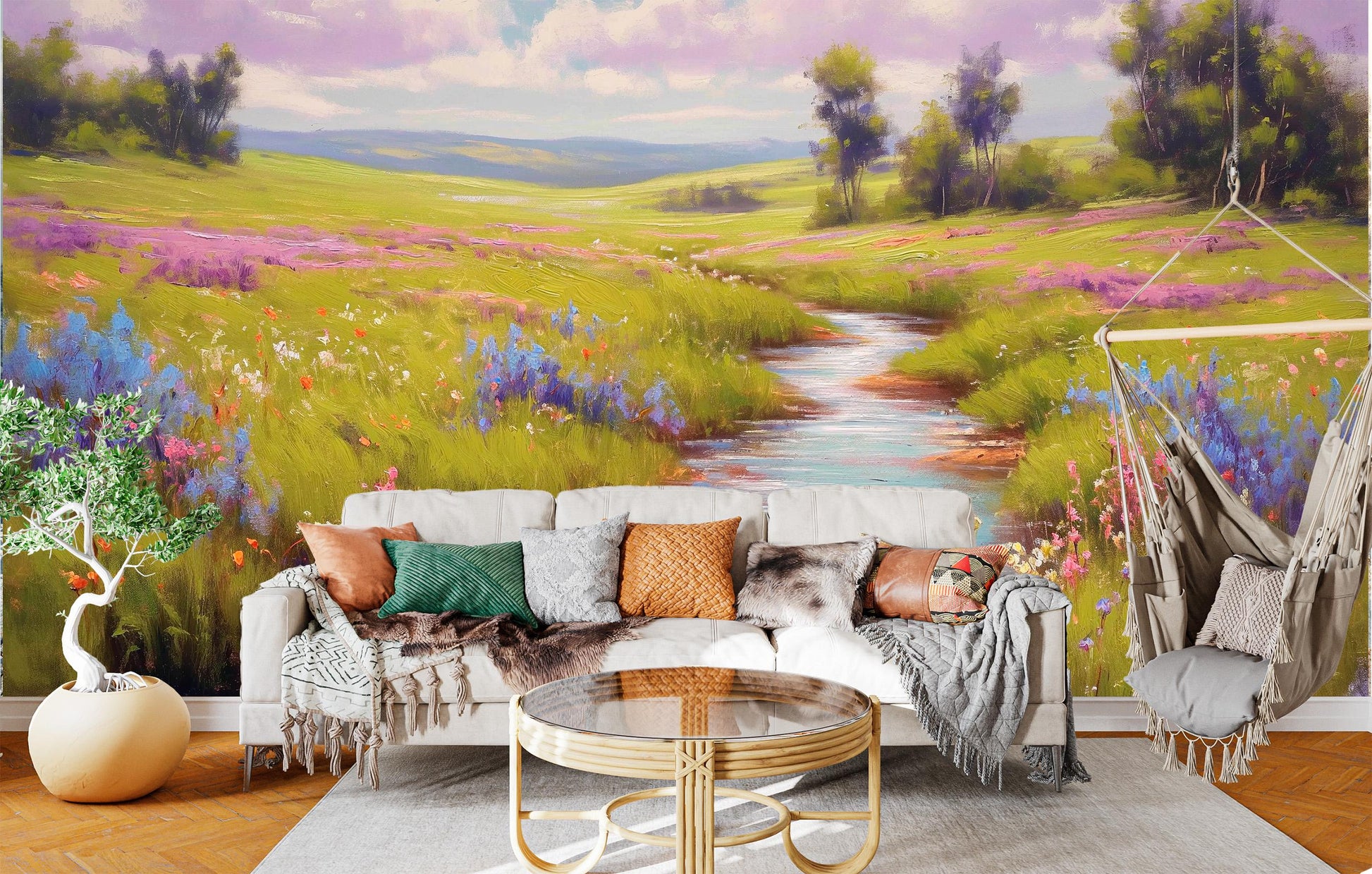 Serene Spring Meadow Wildflowers Floral Wallpaper – room setting, Golden Era Walls