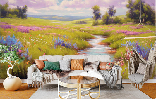 Serene Spring Meadow Wildflowers Floral Wallpaper – room setting, Golden Era Walls