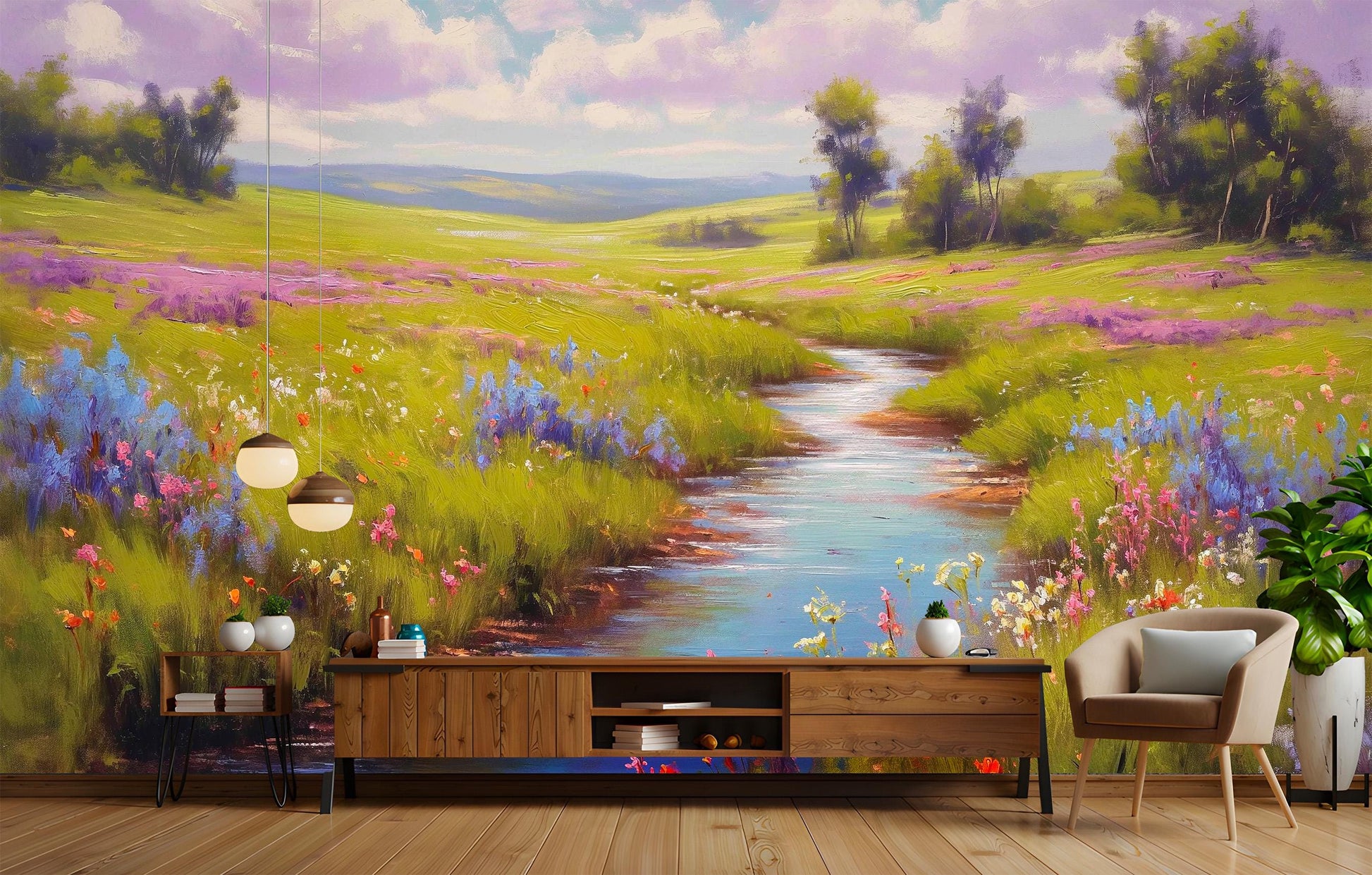 Serene Spring Meadow Wildflowers Floral Wallpaper – peel and stick wallpaper mural, Golden Era Walls
