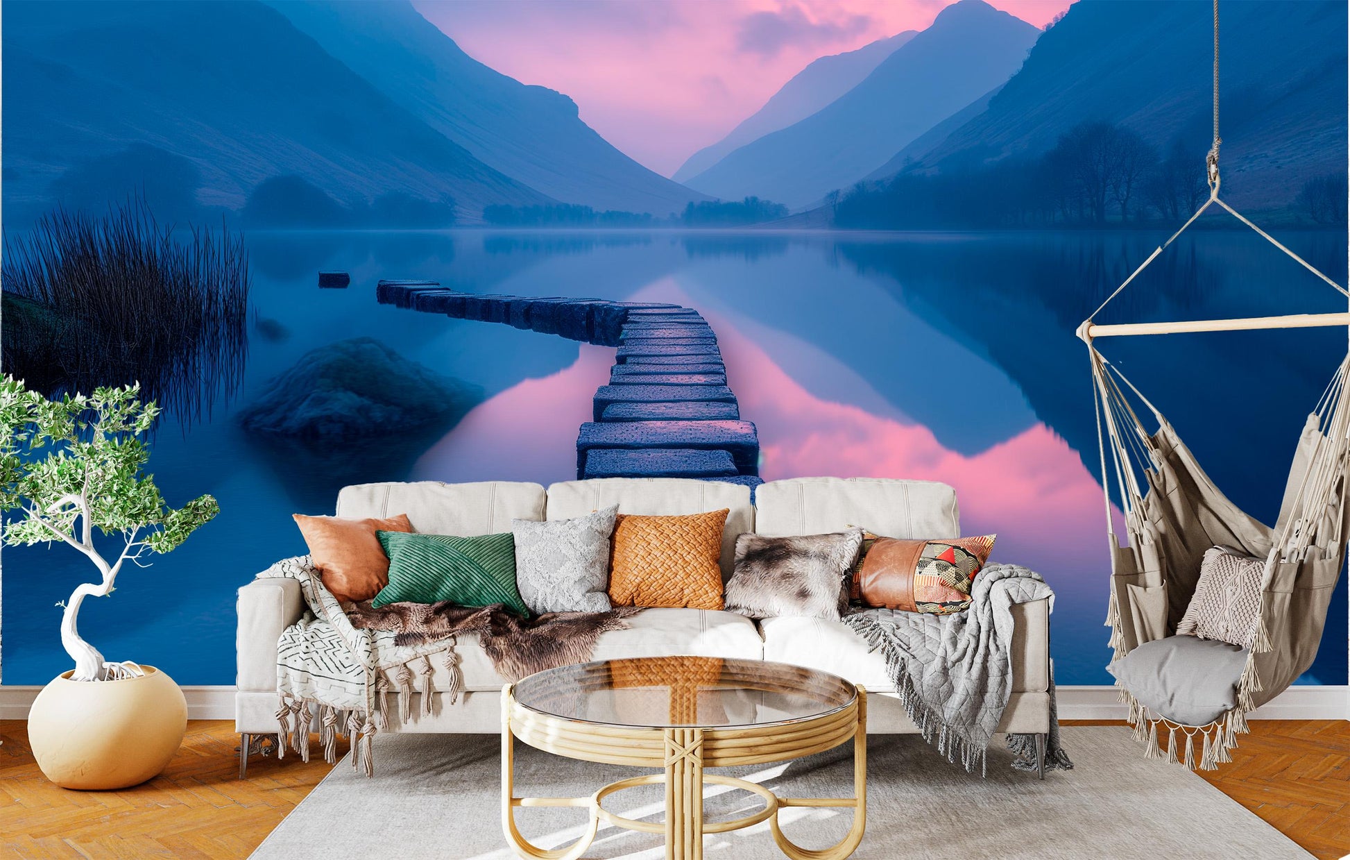 Serene Mountain Lake Tranquil Wallpaper – room setting, Golden Era Walls
