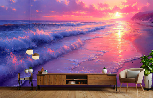 Serene Beach Sunset Ocean Coastal Wallpaper – room setting, Golden Era Walls