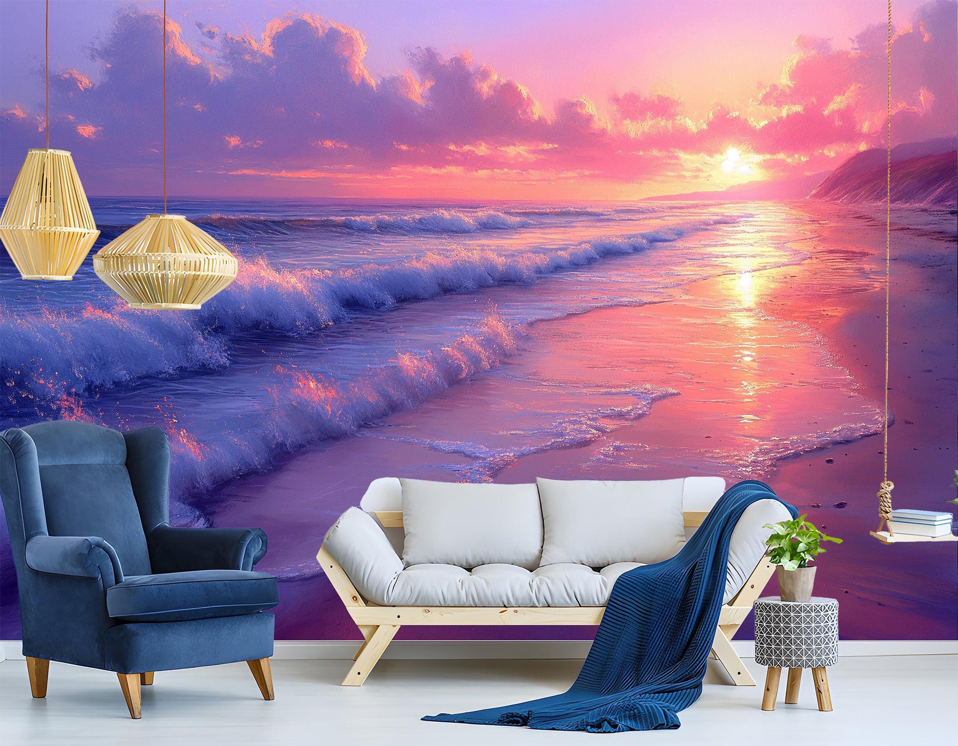 Serene Beach Sunset Ocean Coastal Wallpaper – lifestyle view, Golden Era Walls