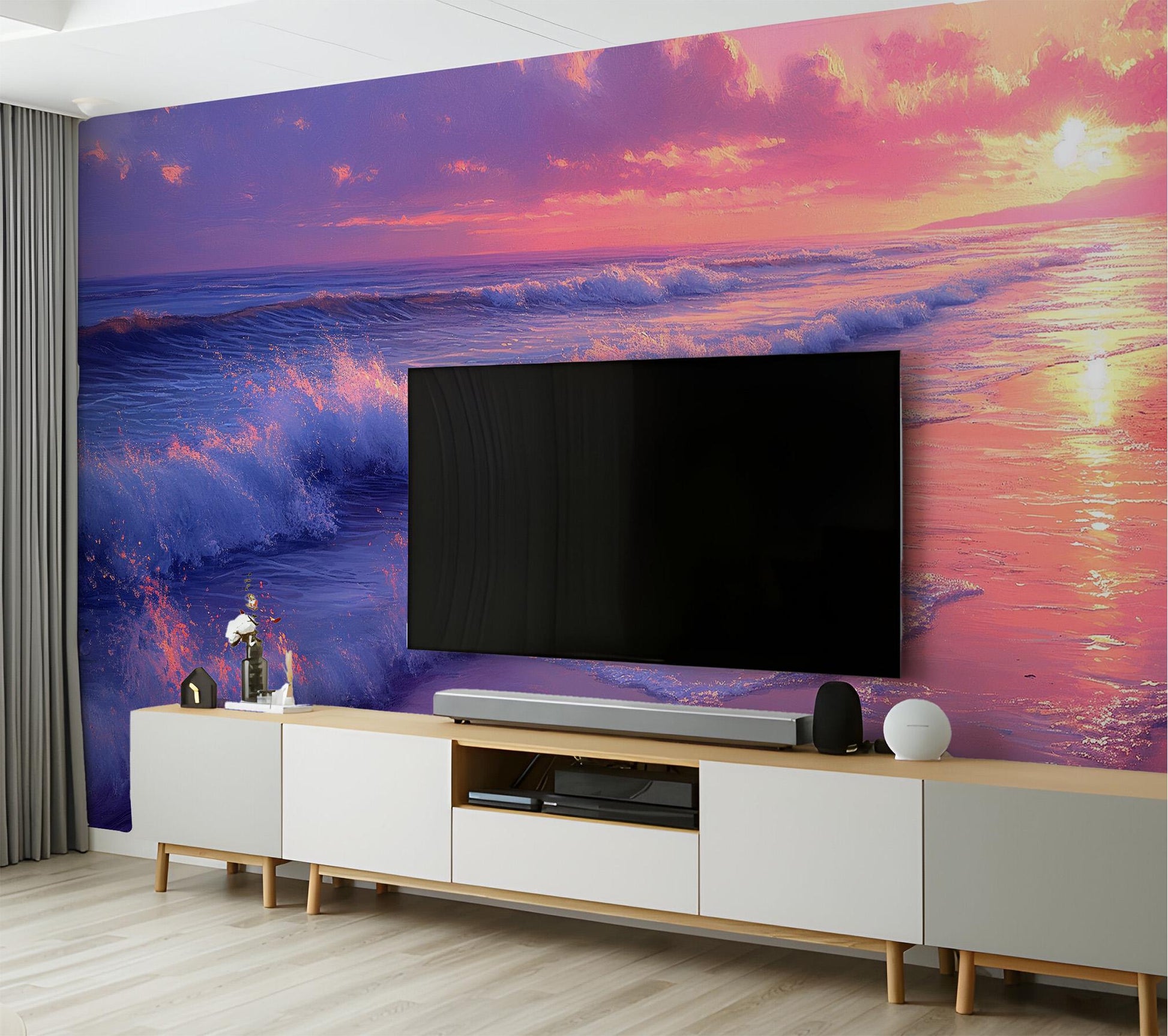 Serene Beach Sunset Ocean Coastal Wallpaper – detail view, Golden Era Walls
