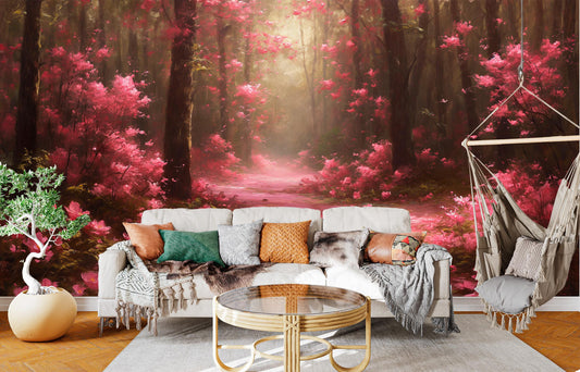 Pink Forest Blooming Flower Floral Wallpaper – lifestyle view, Golden Era Walls