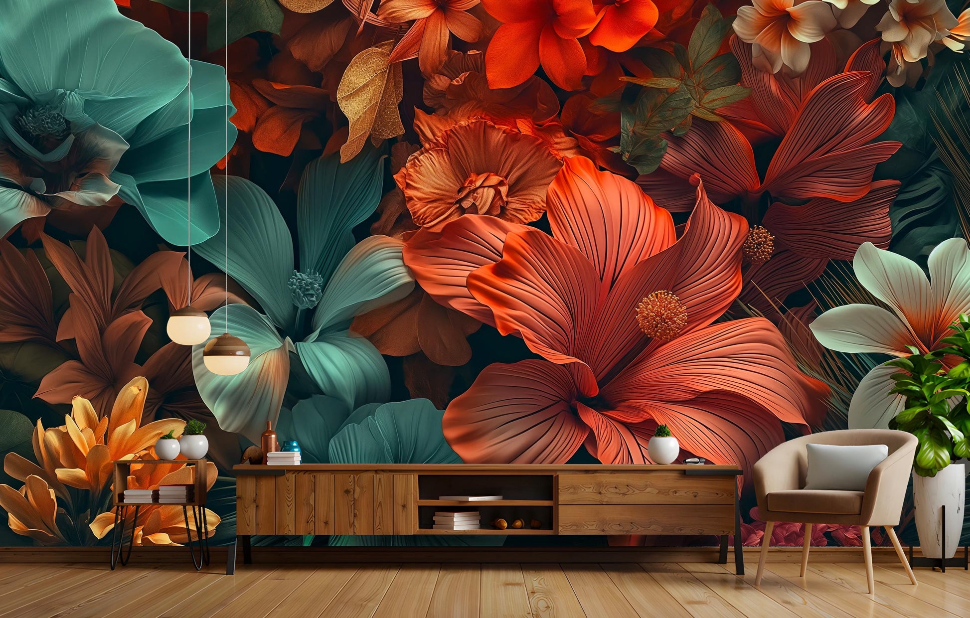 Floral Featuring Collection Tropical Floral Wallpaper – lifestyle view, Golden Era Walls