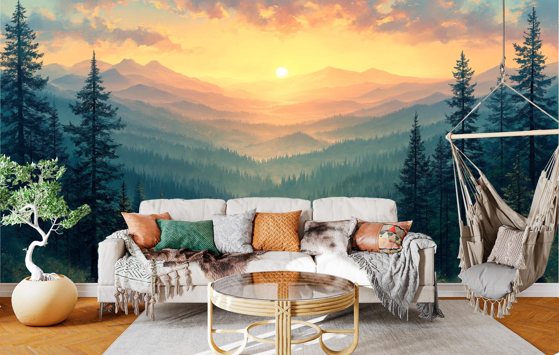 Panoramic Wilderness Sunrise Breathtaking Wallpaper – room setting, Golden Era Walls