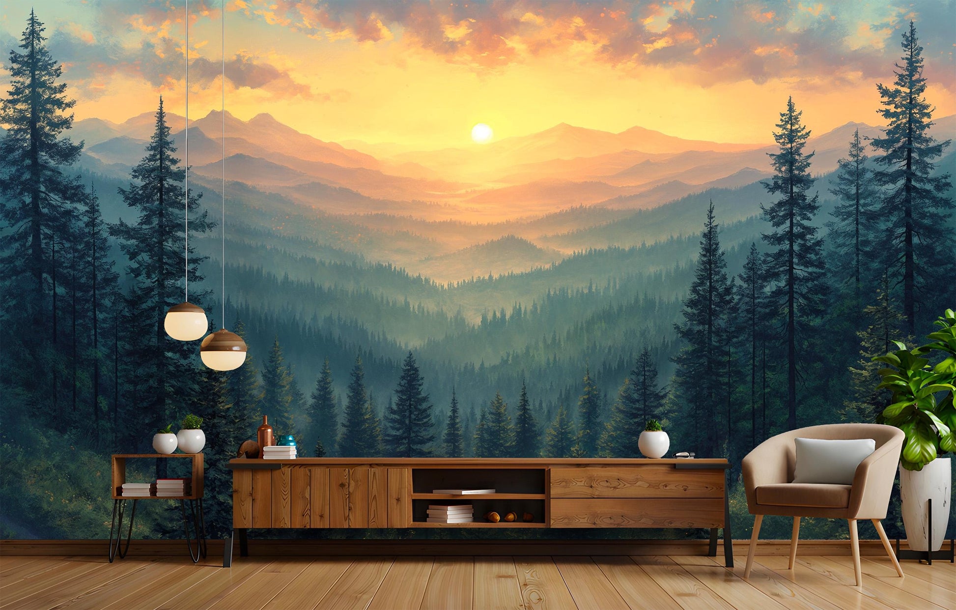 Panoramic Wilderness Sunrise Breathtaking Wallpaper – peel and stick wallpaper mural, Golden Era Walls