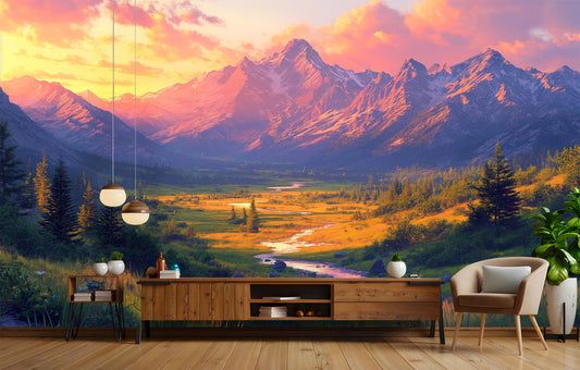 Panoramic Mountain Sunset Majestic Wallpaper – detail view, Golden Era Walls