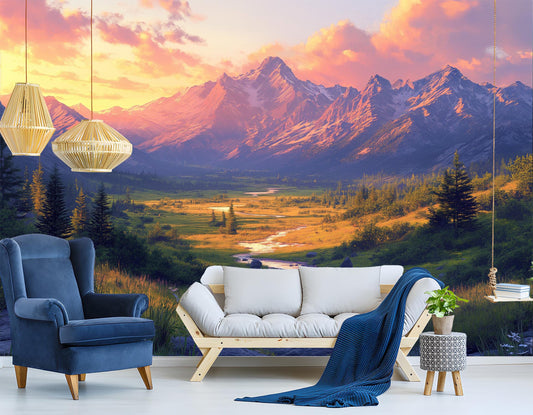 Panoramic Mountain Sunset Majestic Wallpaper – lifestyle view, Golden Era Walls