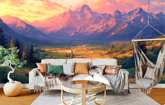 Panoramic Mountain Sunset Majestic Wallpaper – room setting, Golden Era Walls