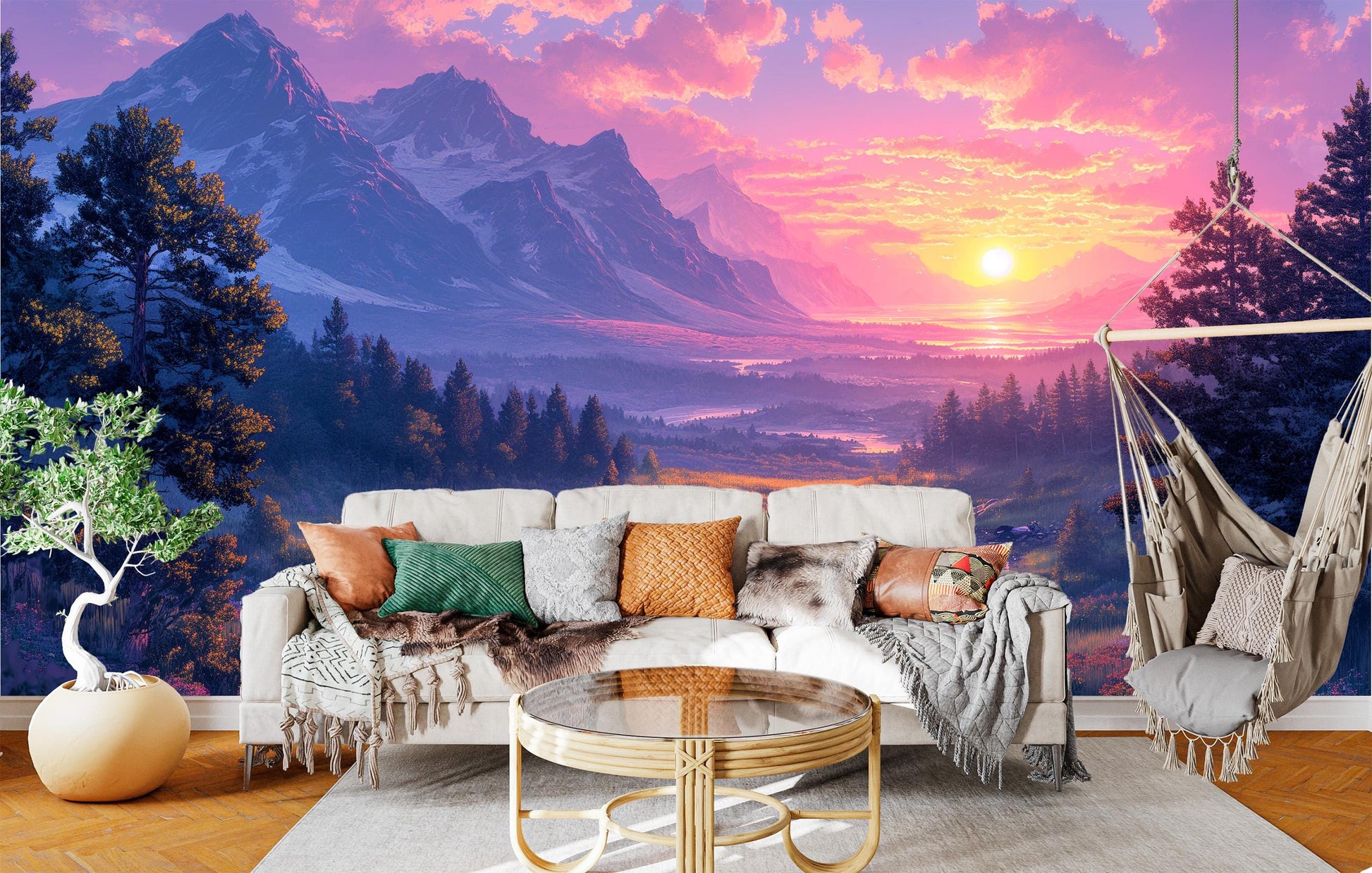Panoramic Mountain Landscape Wilderness Wallpaper – peel and stick wallpaper mural, Golden Era Walls
