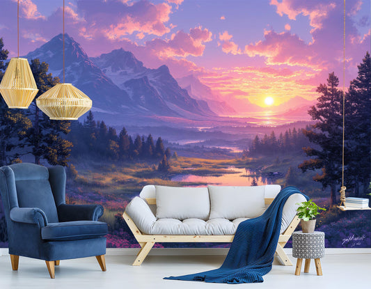 Panoramic Mountain Landscape Wilderness Wallpaper – room setting, Golden Era Walls