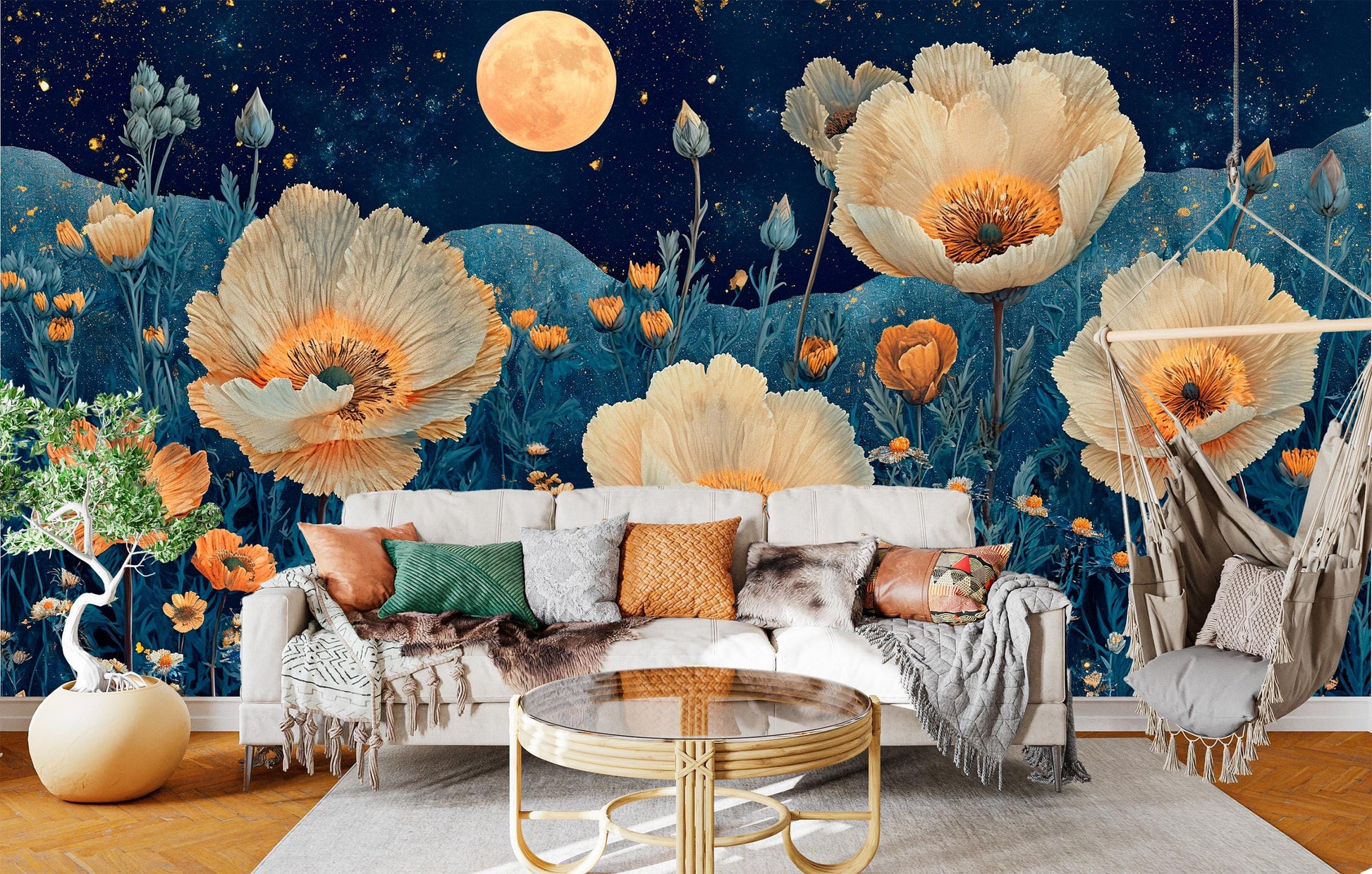 Night Bloom Desert Flowers Floral Wallpaper – room setting, Golden Era Walls