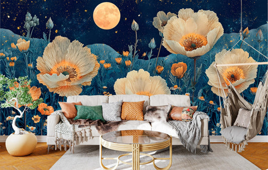 Night Bloom Desert Flowers Floral Wallpaper – room setting, Golden Era Walls