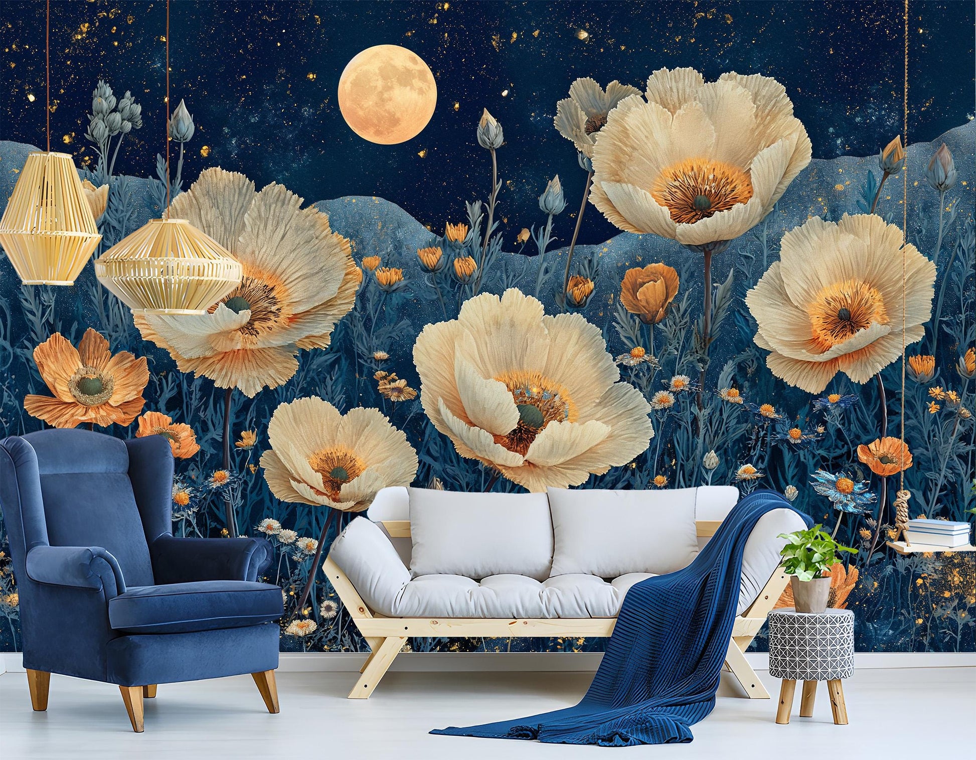 Night Bloom Desert Flowers Floral Wallpaper – peel and stick wallpaper mural, Golden Era Walls
