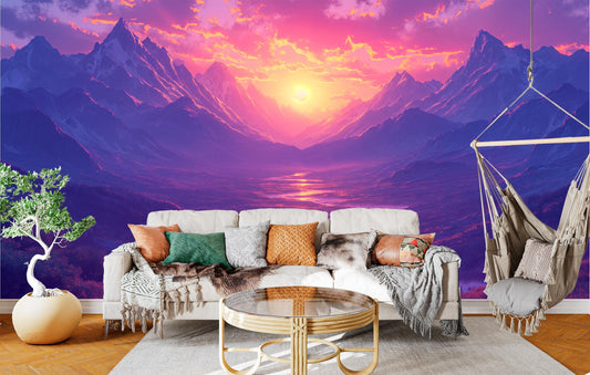 Mountain Sunset Vibrant Landscape Wallpaper – lifestyle view, Golden Era Walls