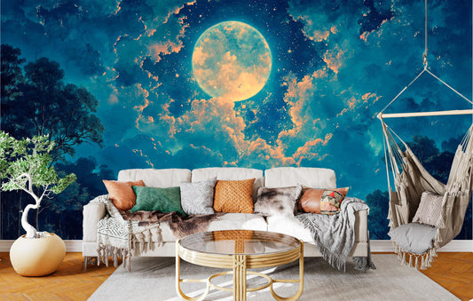 Moonlit Forest Non Woven Wallpaper – room setting, Golden Era Walls