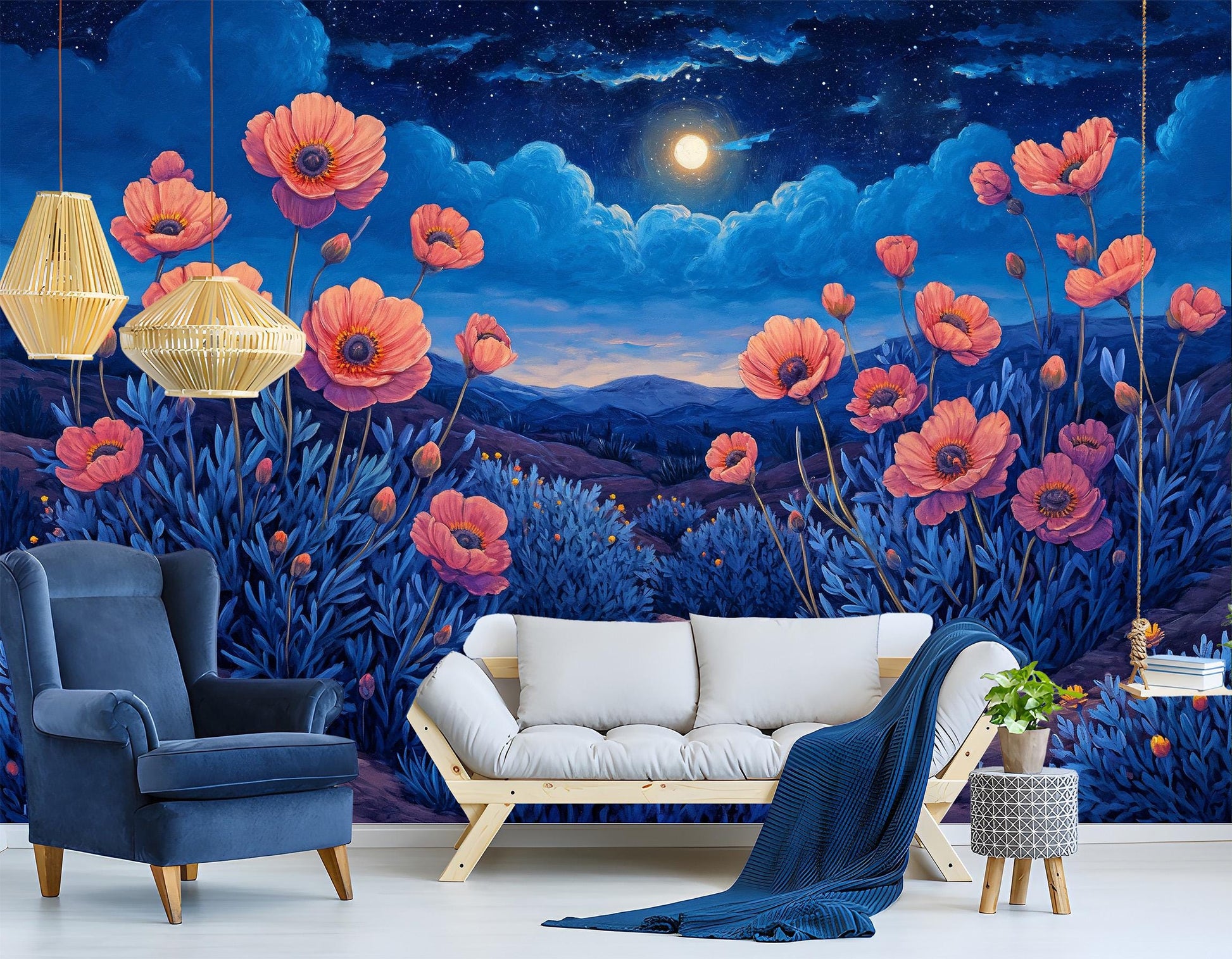 Moonlit Desert Flowers Non Floral Wallpaper – peel and stick wallpaper mural, Golden Era Walls