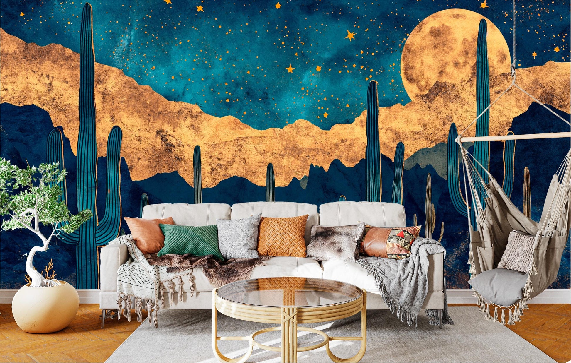 Moonlit Desert Cactus Non Wallpaper – peel and stick wallpaper mural, Golden Era Walls