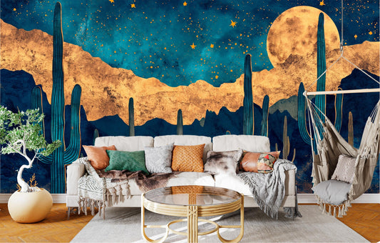 Moonlit Desert Cactus Non Wallpaper – peel and stick wallpaper mural, Golden Era Walls