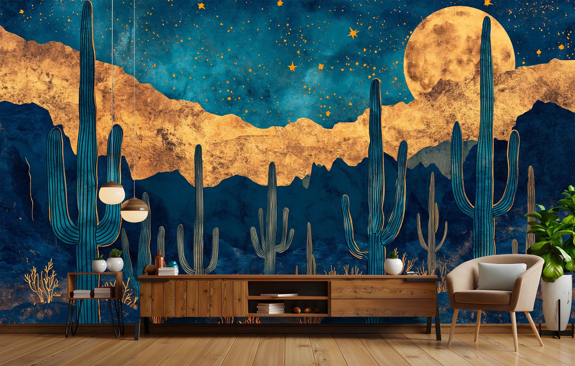 Moonlit Desert Cactus Non Wallpaper – room setting, Golden Era Walls