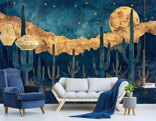 Moonlit Desert Cactus Non Wallpaper – lifestyle view, Golden Era Walls