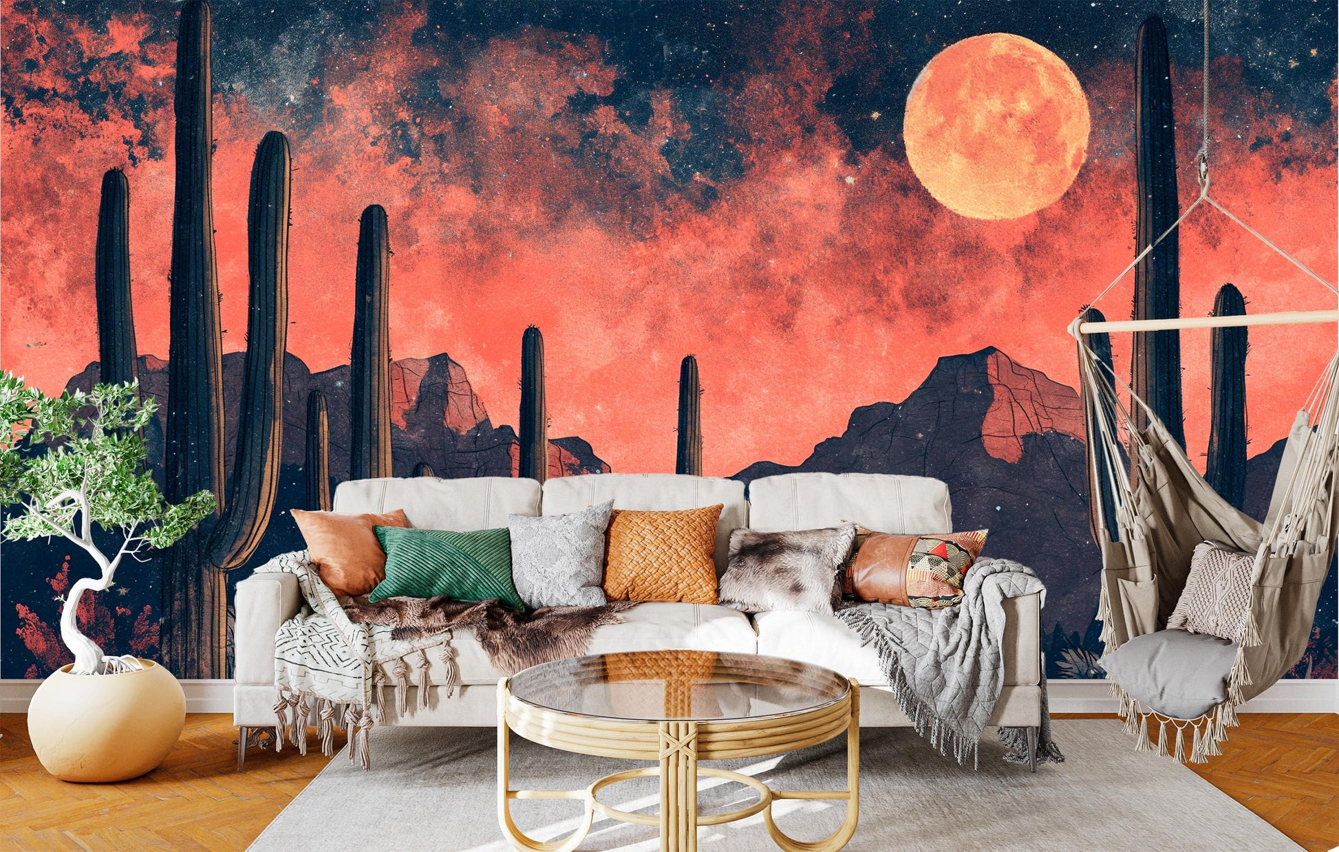 Moonlit Cactus Desert Featuring Wallpaper – room setting, Golden Era Walls