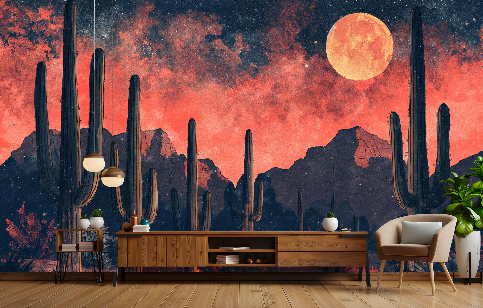 Moonlit Cactus Desert Featuring Wallpaper – peel and stick wallpaper mural, Golden Era Walls