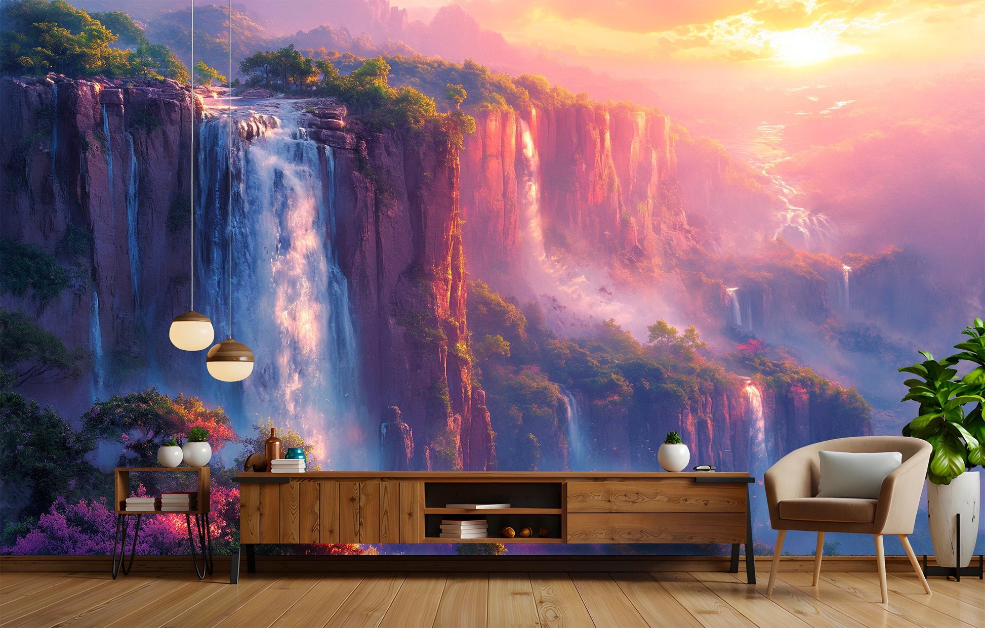 Misty Mountain Waterfall Non Coastal Wallpaper – peel and stick wallpaper mural, Golden Era Walls