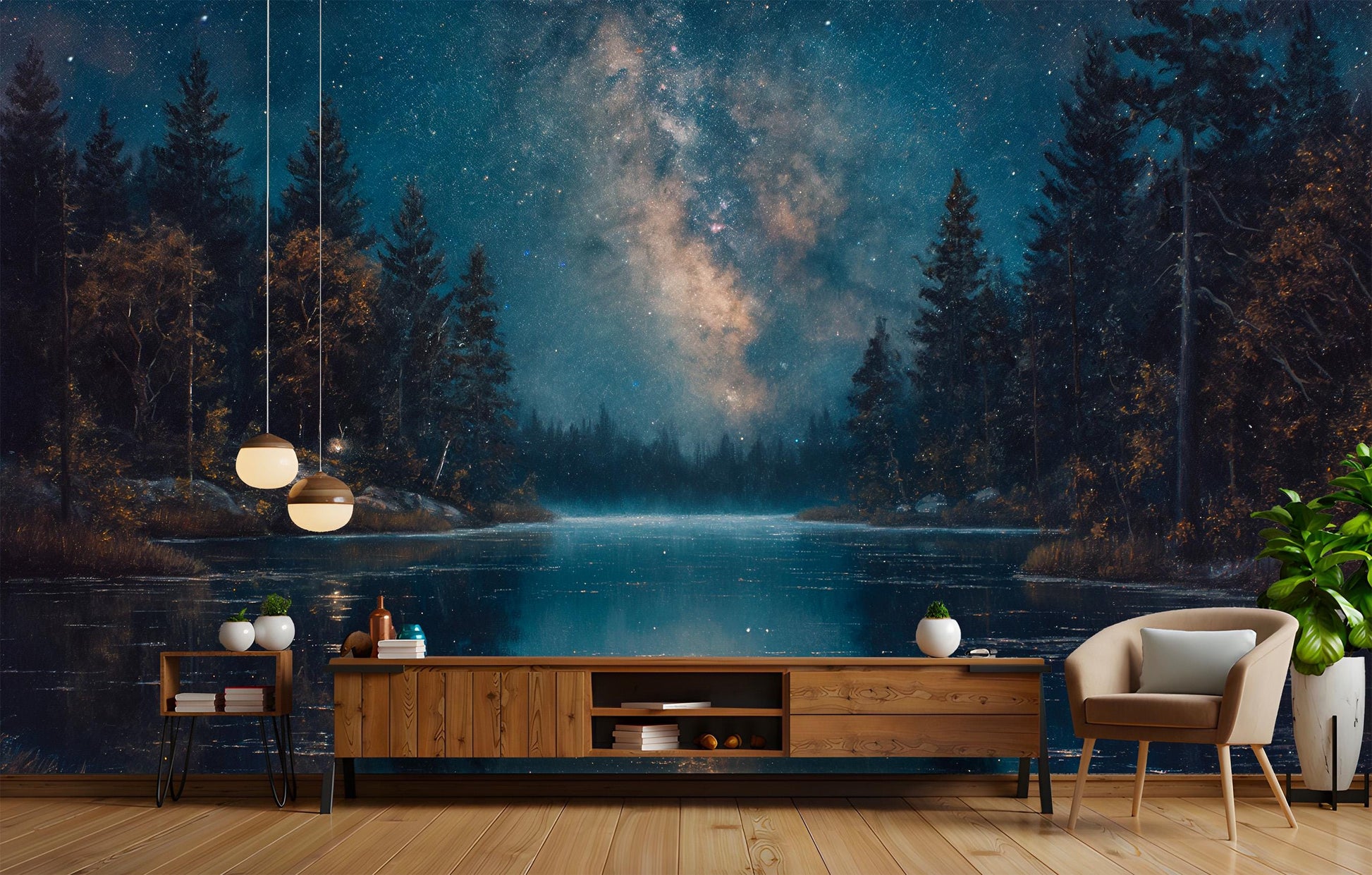 Milky Way Reflections Night Wallpaper – room setting, Golden Era Walls