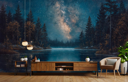 Milky Way Reflections Night Wallpaper – room setting, Golden Era Walls