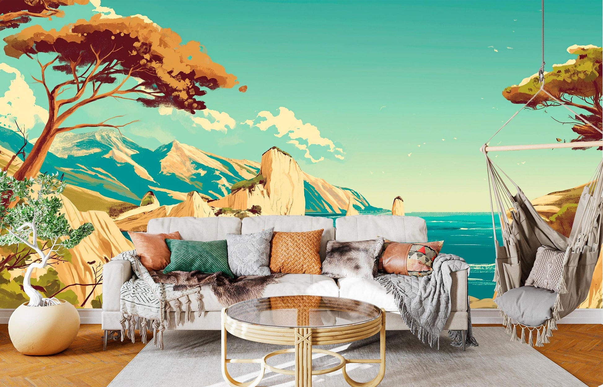 Mediterranean Beach Landscape Featuring Geometric Wallp – lifestyle view, Golden Era Walls
