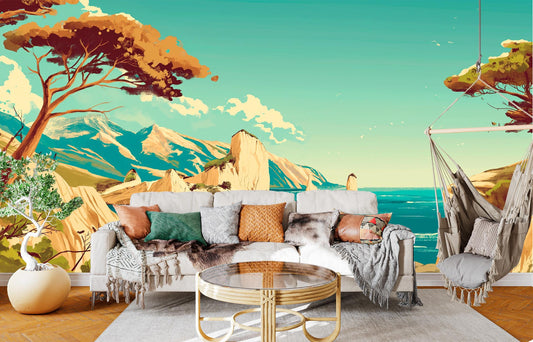 Mediterranean Beach Landscape Featuring Geometric Wallp – lifestyle view, Golden Era Walls