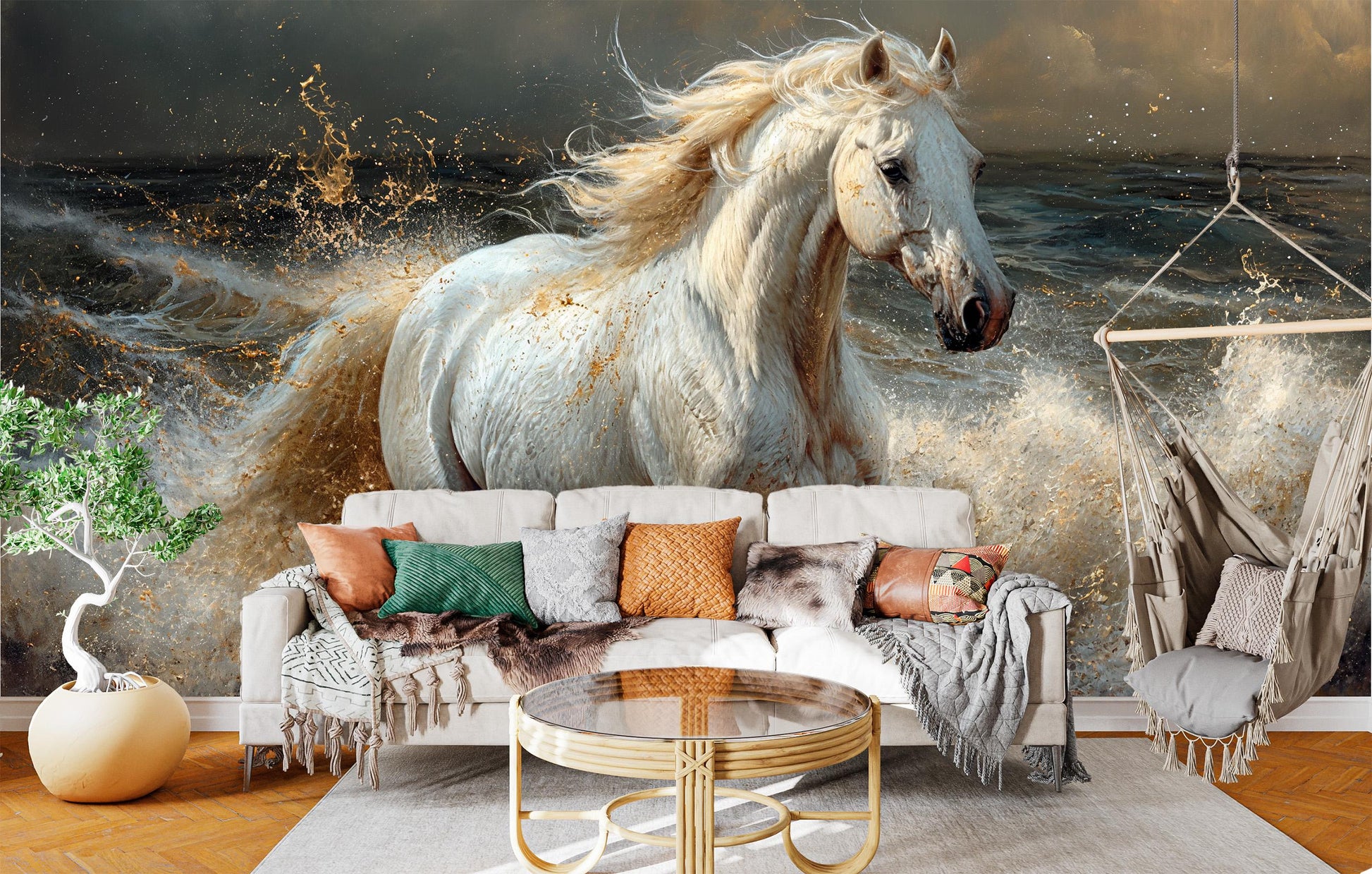 Majestic White Horse Water Wallpaper – lifestyle view, Golden Era Walls
