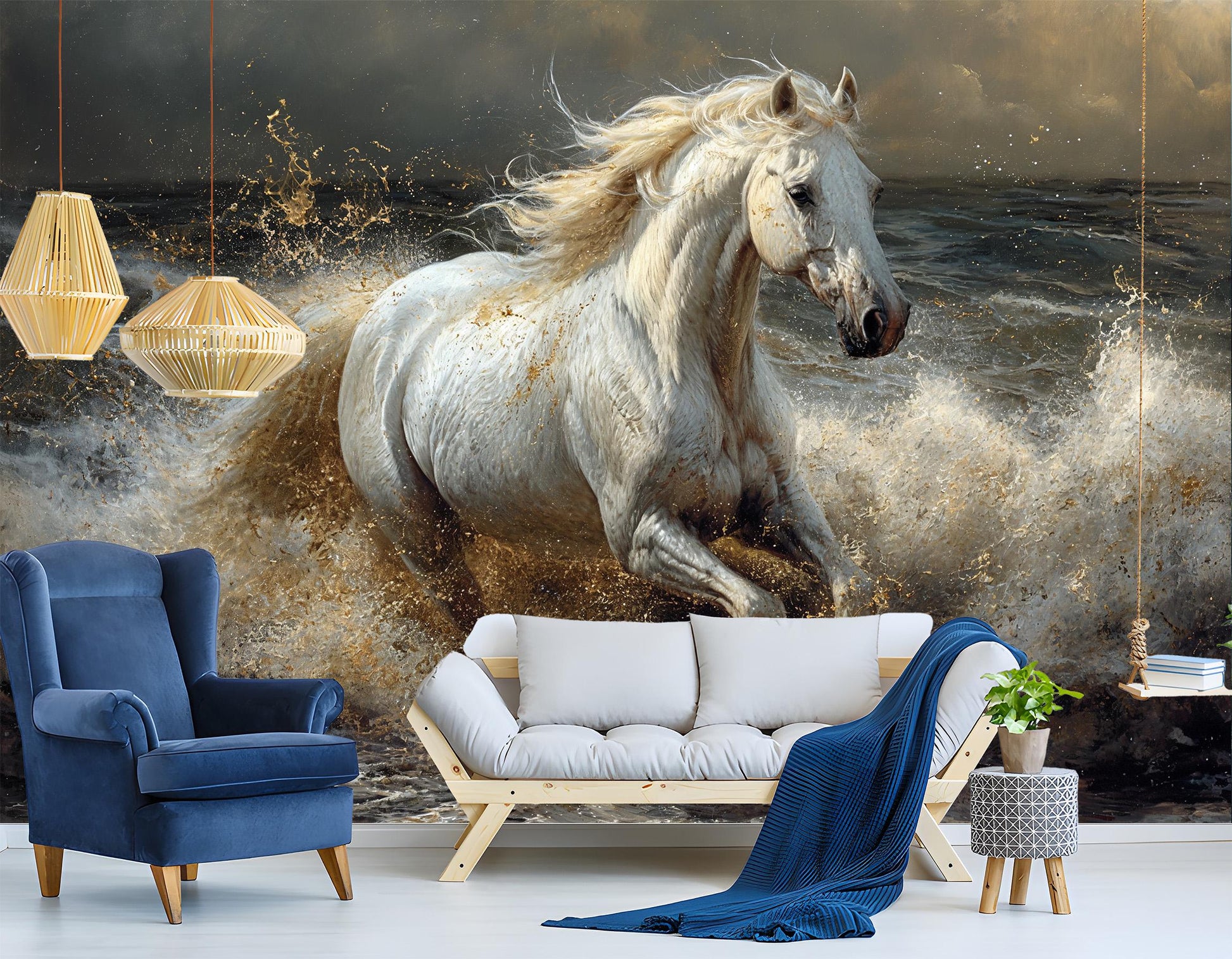 Majestic White Horse Water Wallpaper – room setting, Golden Era Walls