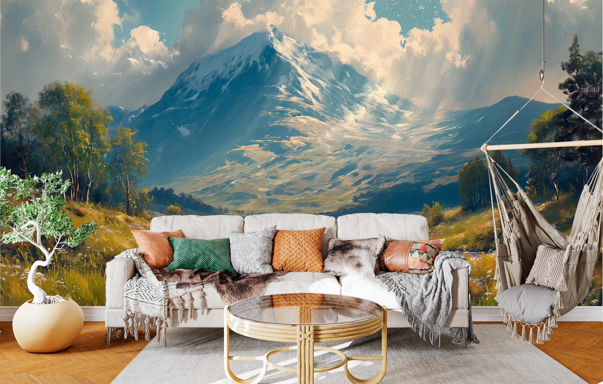 Majestic Mountain River Non Wallpaper – room setting, Golden Era Walls